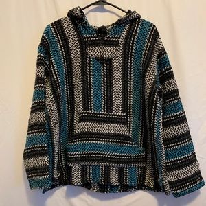 Blue and Black Striped Hooded Thick Poncho Size L